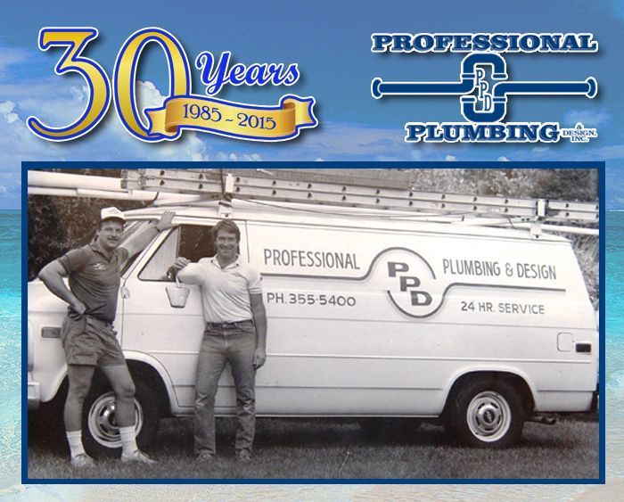 Andy and Ted in front Professional Plumbing truck in 1985 30th anniversary social media